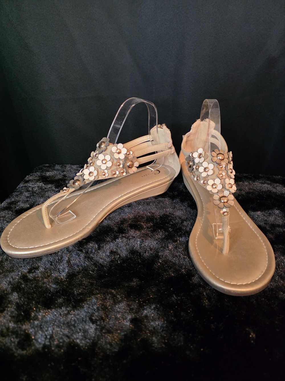C Est 1946 Tan and Gold Floral Zip Back Size 11 Sandals